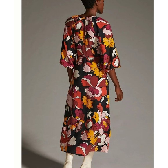 Anthropologie Maeve Deep V Ruched Midi Dress Size 2 Multicolor Floral - Picture 3 of 3